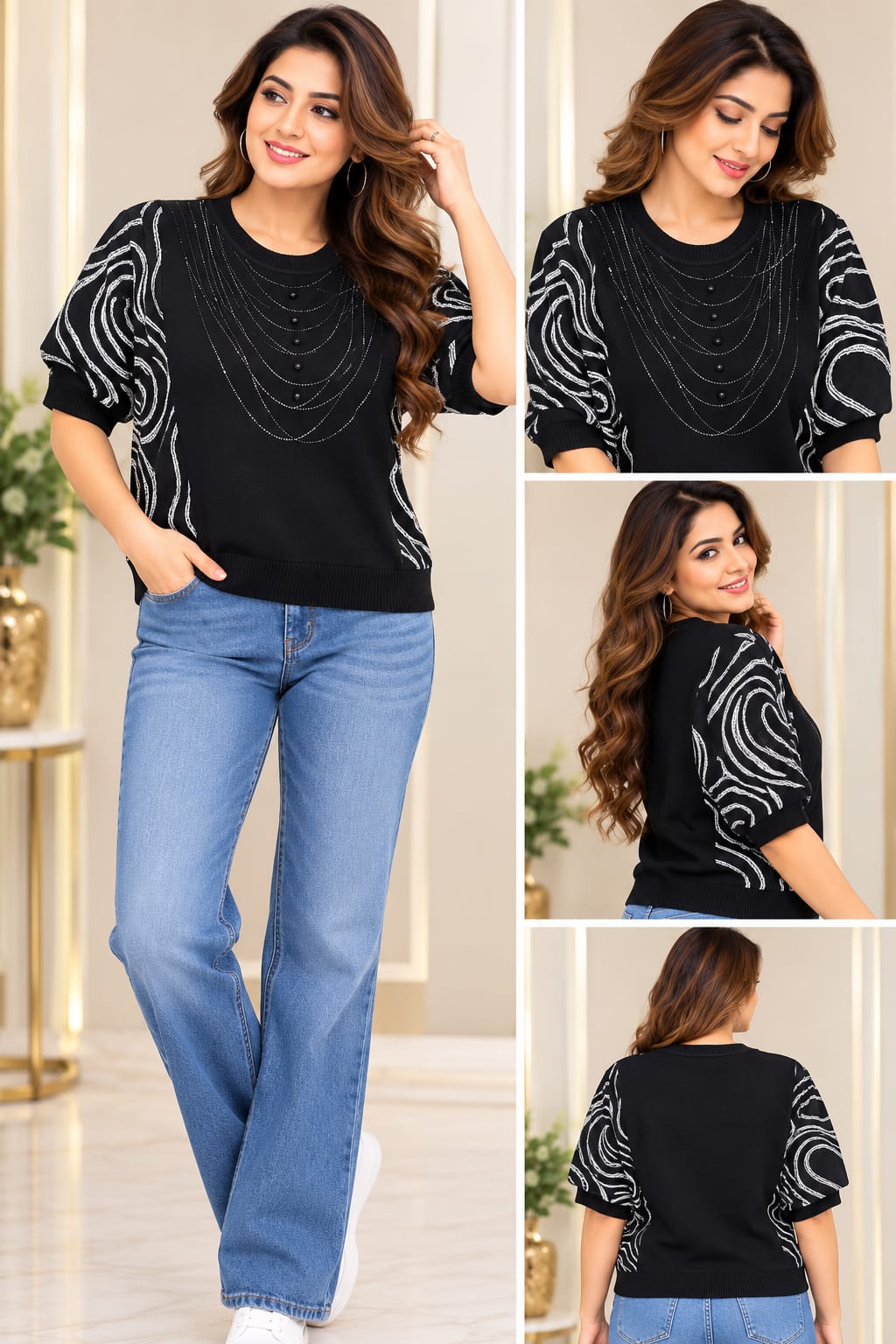 Premium Black Rhinestone Draped Chain Print Top ✨