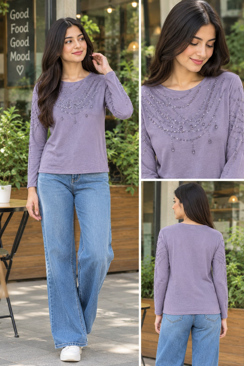 Embellished Plum Full-Sleeve Round Neck Top