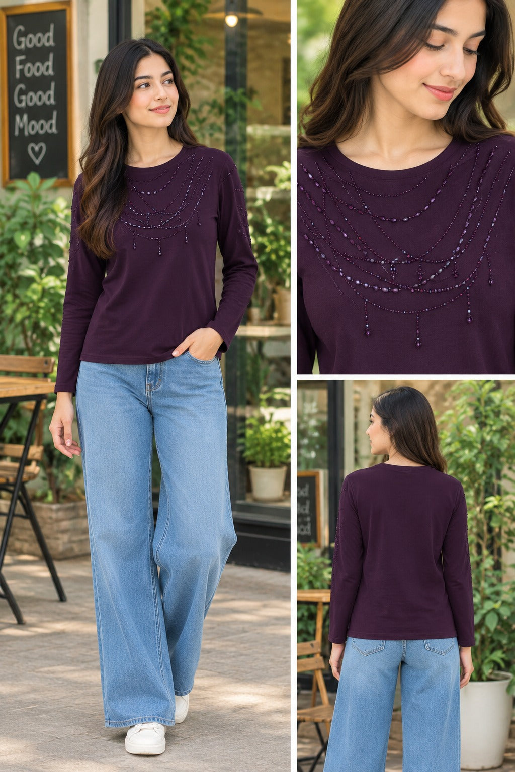 Embellished Plum Full-Sleeve Round Neck Top