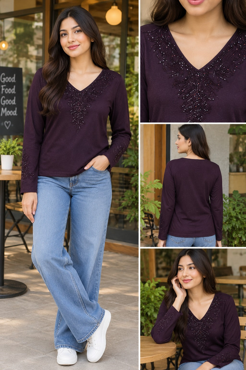 Women’s Embellished V-Neck Full Sleeve Top