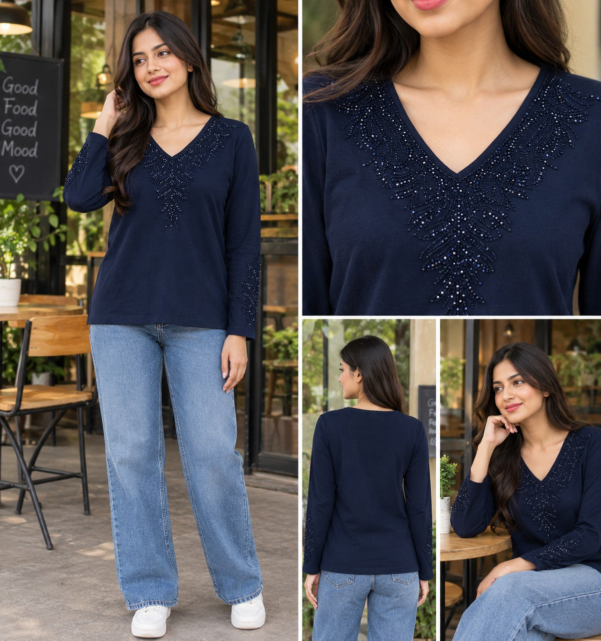 Women’s Embellished V-Neck Full Sleeve Top