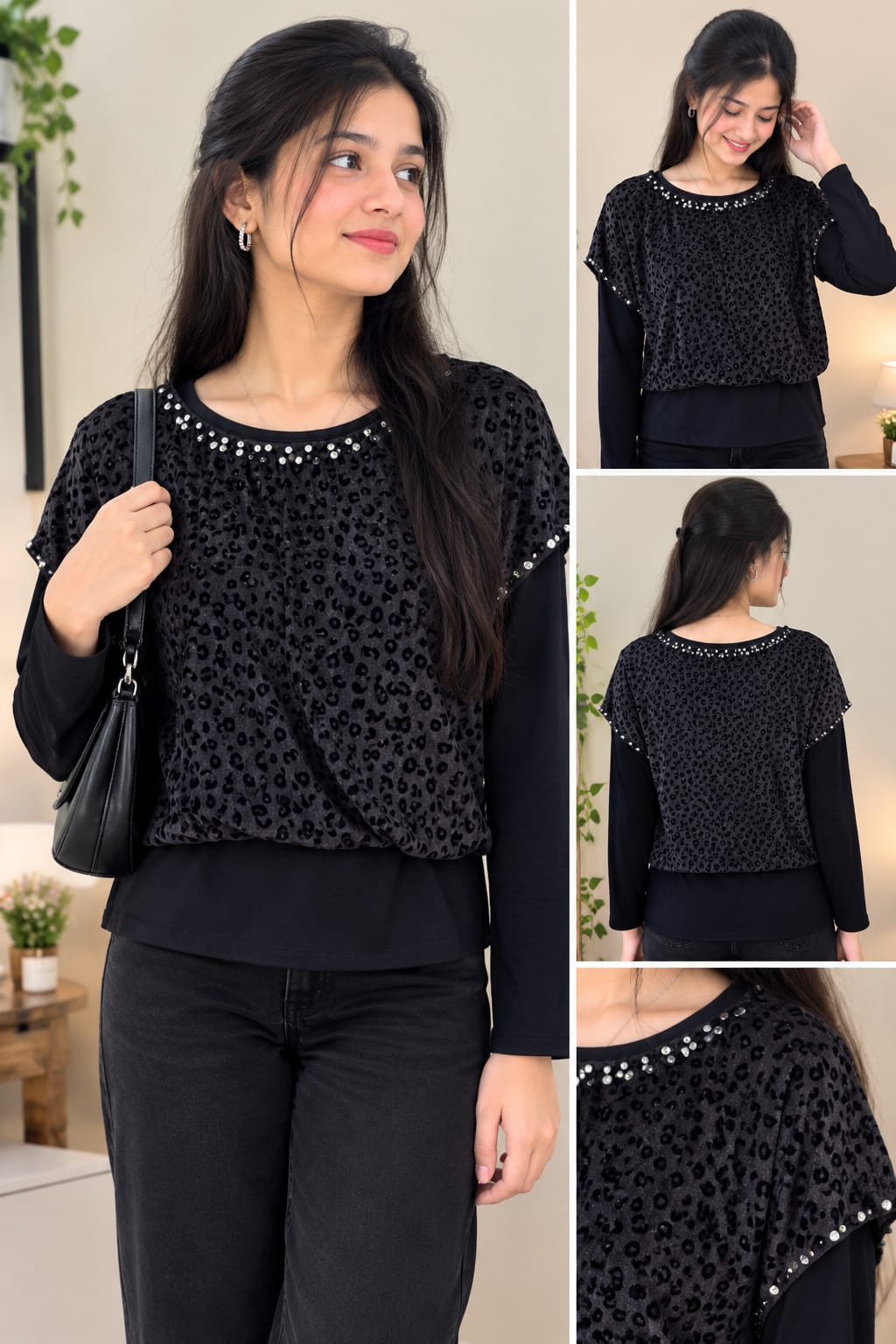 Animal Print Rhinestone-Trimmed Layered Top with Long Sleeves