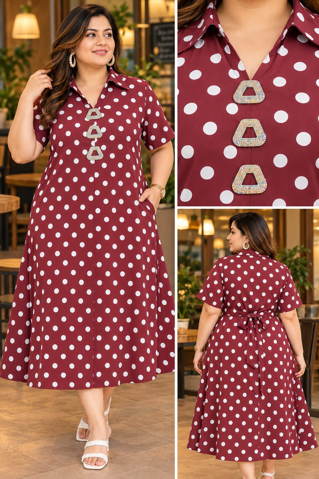 Women's Polka Dot A-Line Shirt Dress with Embellished Buttons