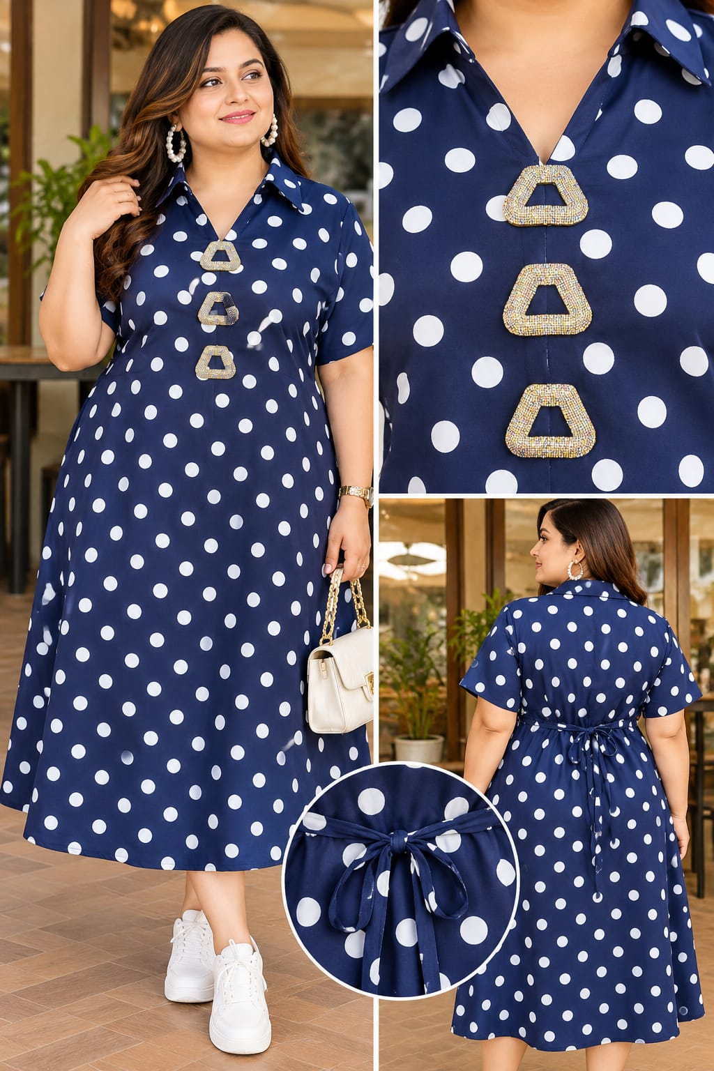 Women's Polka Dot A-Line Shirt Dress with Embellished Buttons