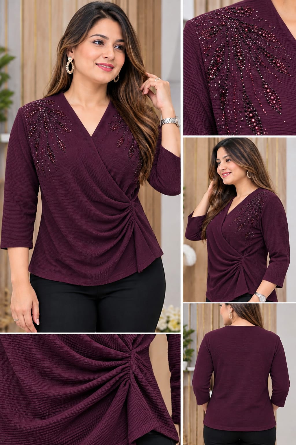 Women's Embellished Wrap-Style 3/4 Sleeve Top