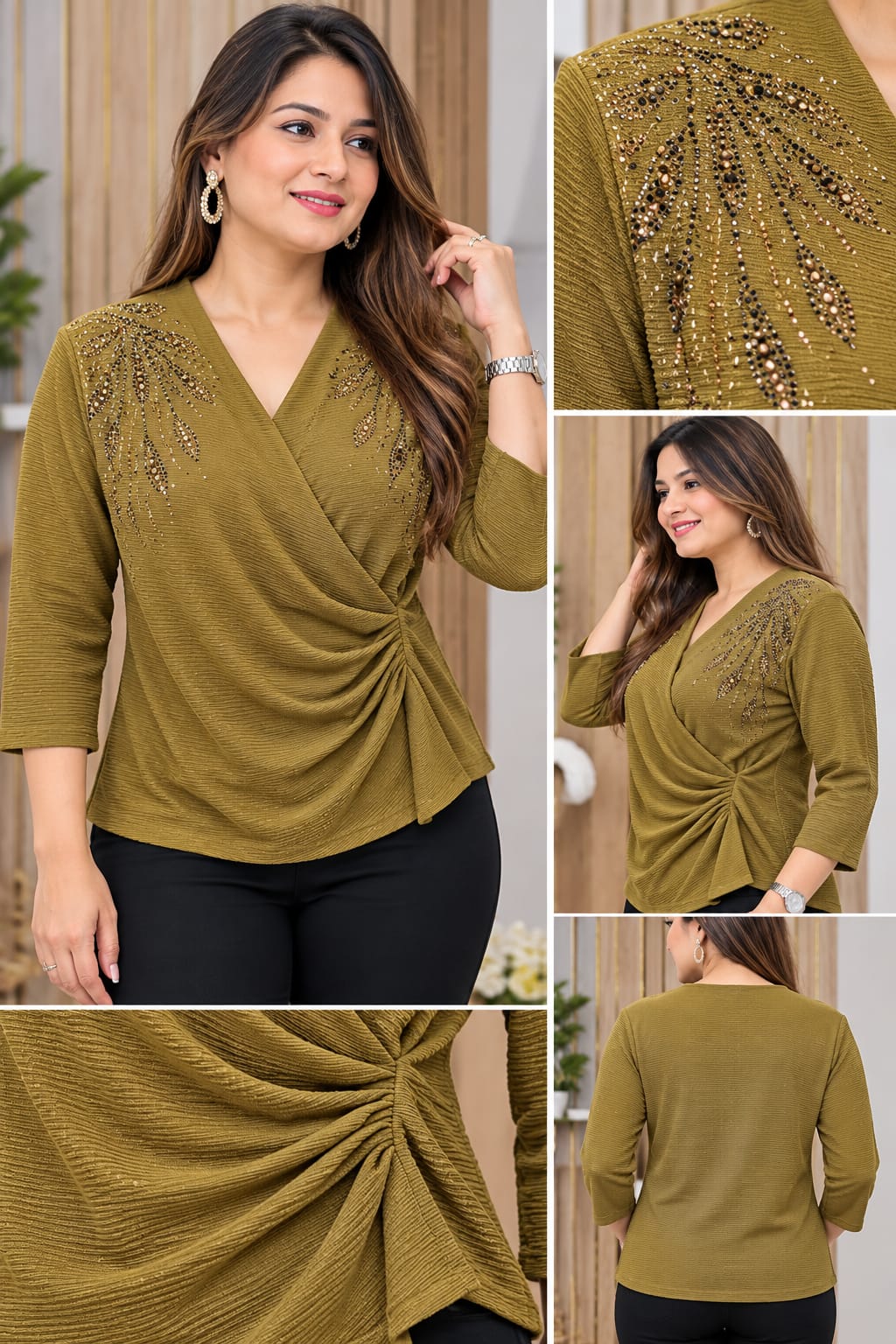 Women's Embellished Wrap-Style 3/4 Sleeve Top