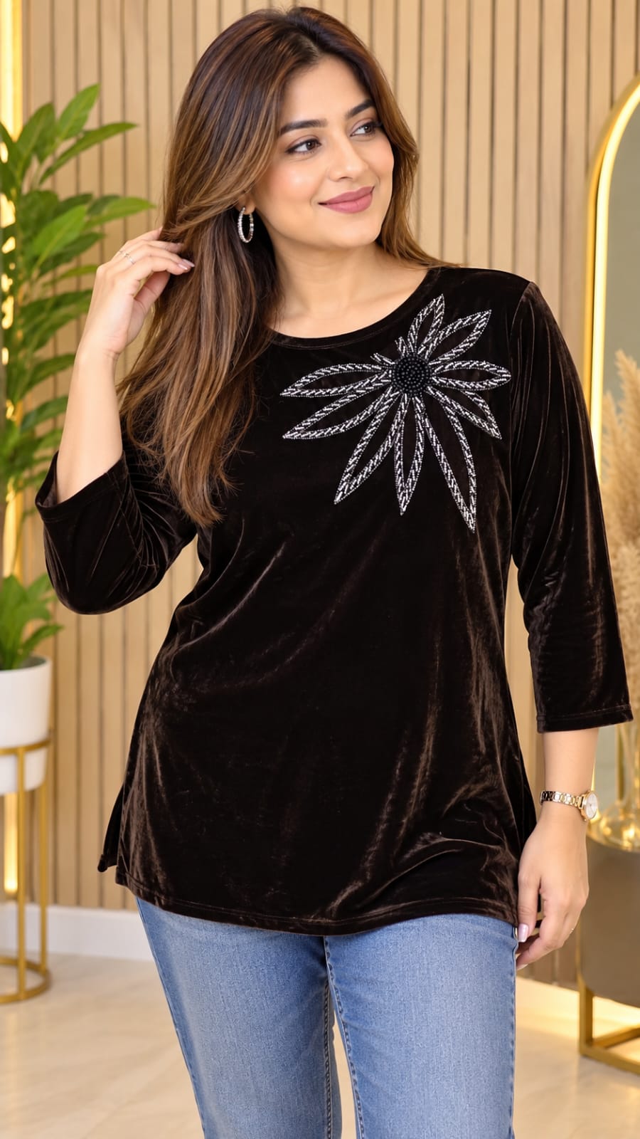 Women’s Velvet Top with Silver Floral Embellishment