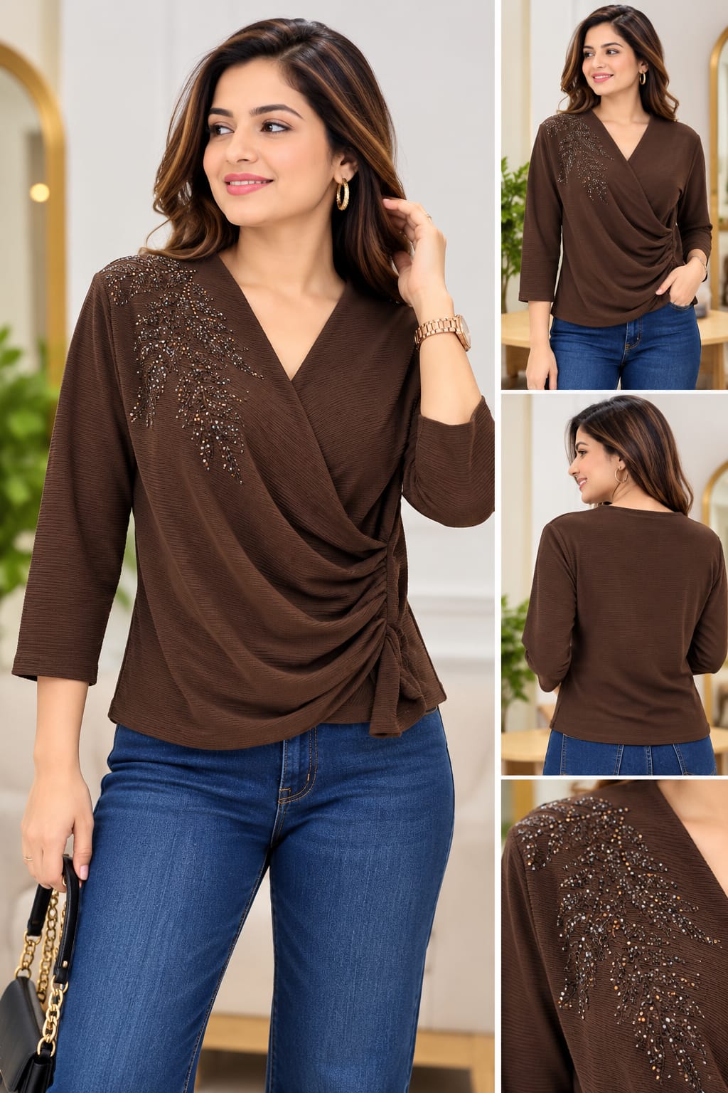 ✨ Premium Crystal Embellished Drape Top