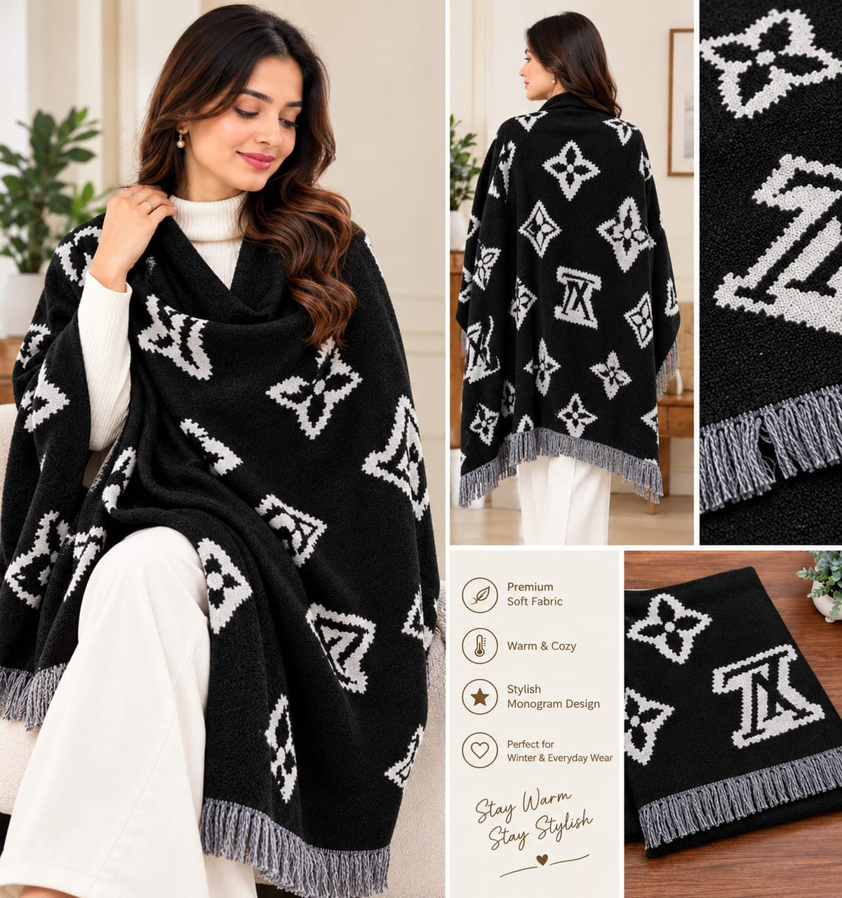 Women's Premium Monogram Printed Winter Shawl with Tassel Border