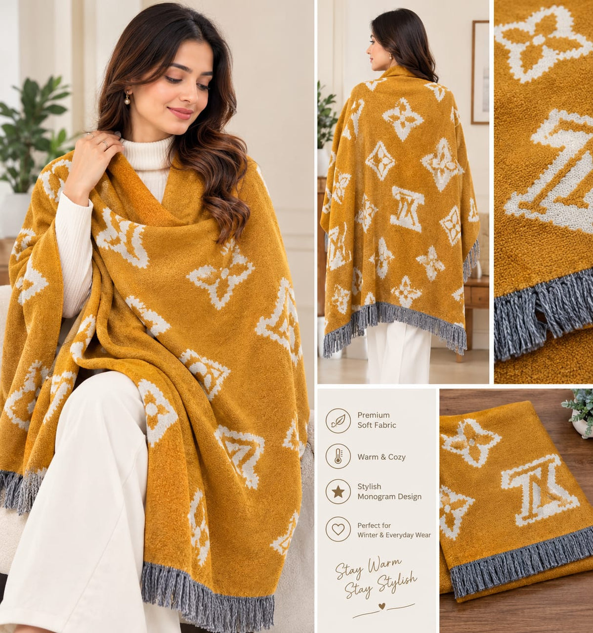 Women's Premium Monogram Printed Winter Shawl with Tassel Border