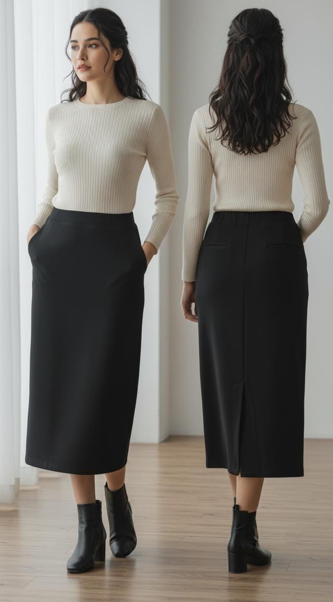 Classic Straight Black Midi Skirt