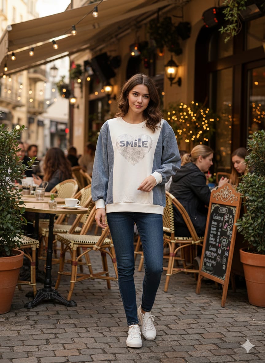 Stitched Denim Sleeve 'SMILE' Heart Sweatshirt