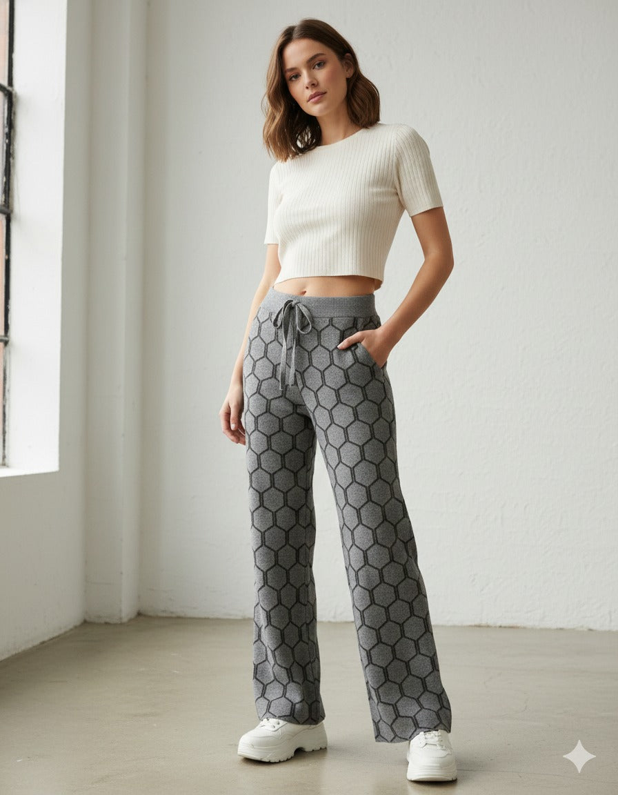 High-Waisted Honeycomb Knit Wide-Leg Lounge Pants