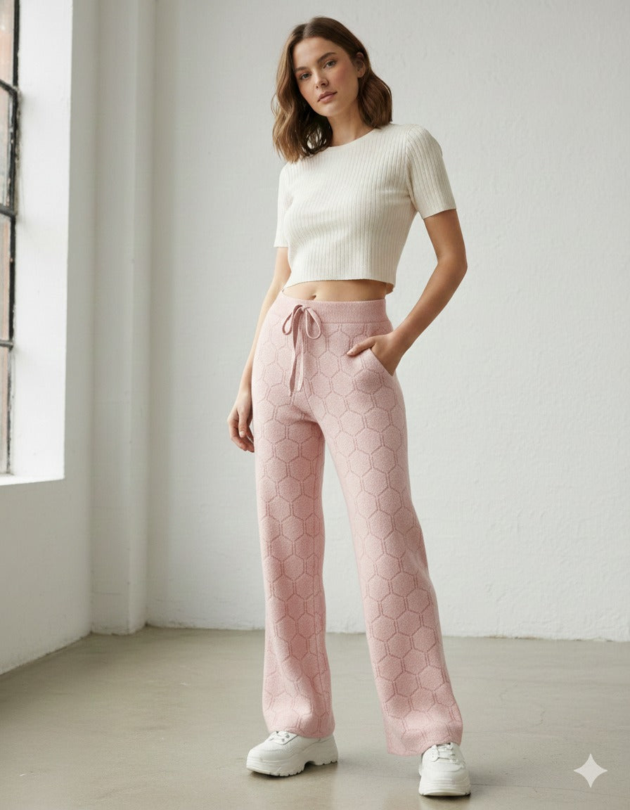 High-Waisted Honeycomb Knit Wide-Leg Lounge Pants