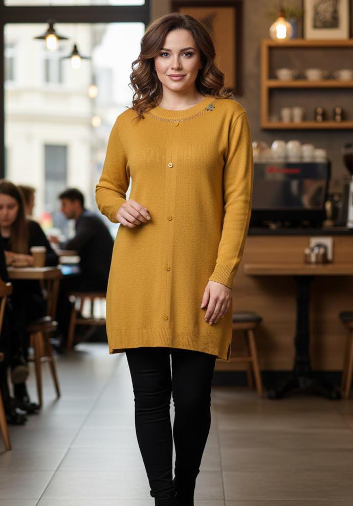 Button-Detail with bow neck line Long top Knit Sweater