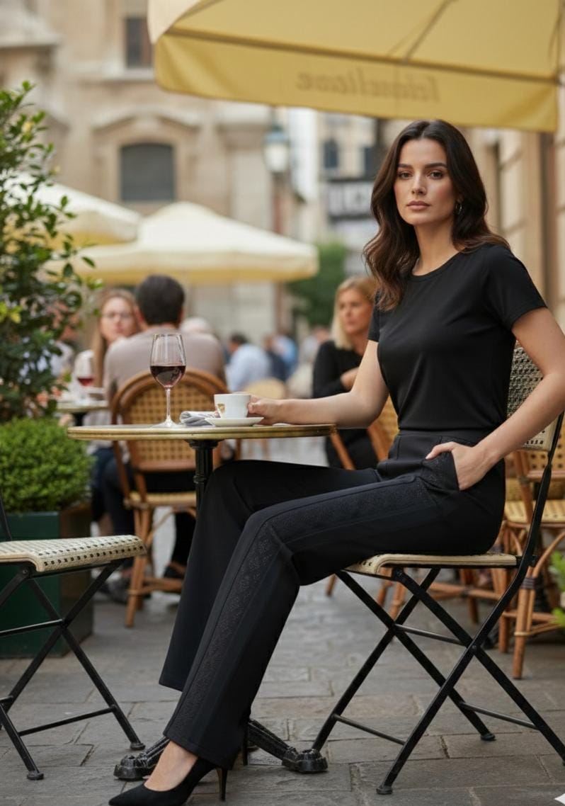 High-waisted, straight Style pant with stone side work