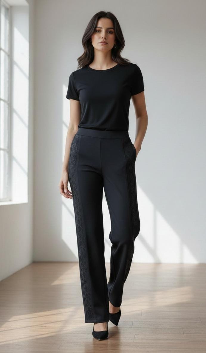 High-waisted, straight Style pant with stone side work