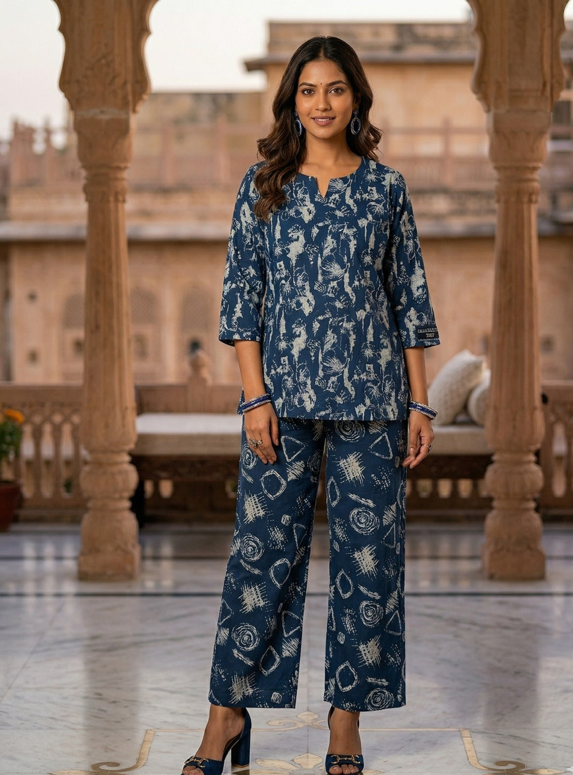 Indigo Abstract Tunic and Wide-Leg Trouser cotton cord Set