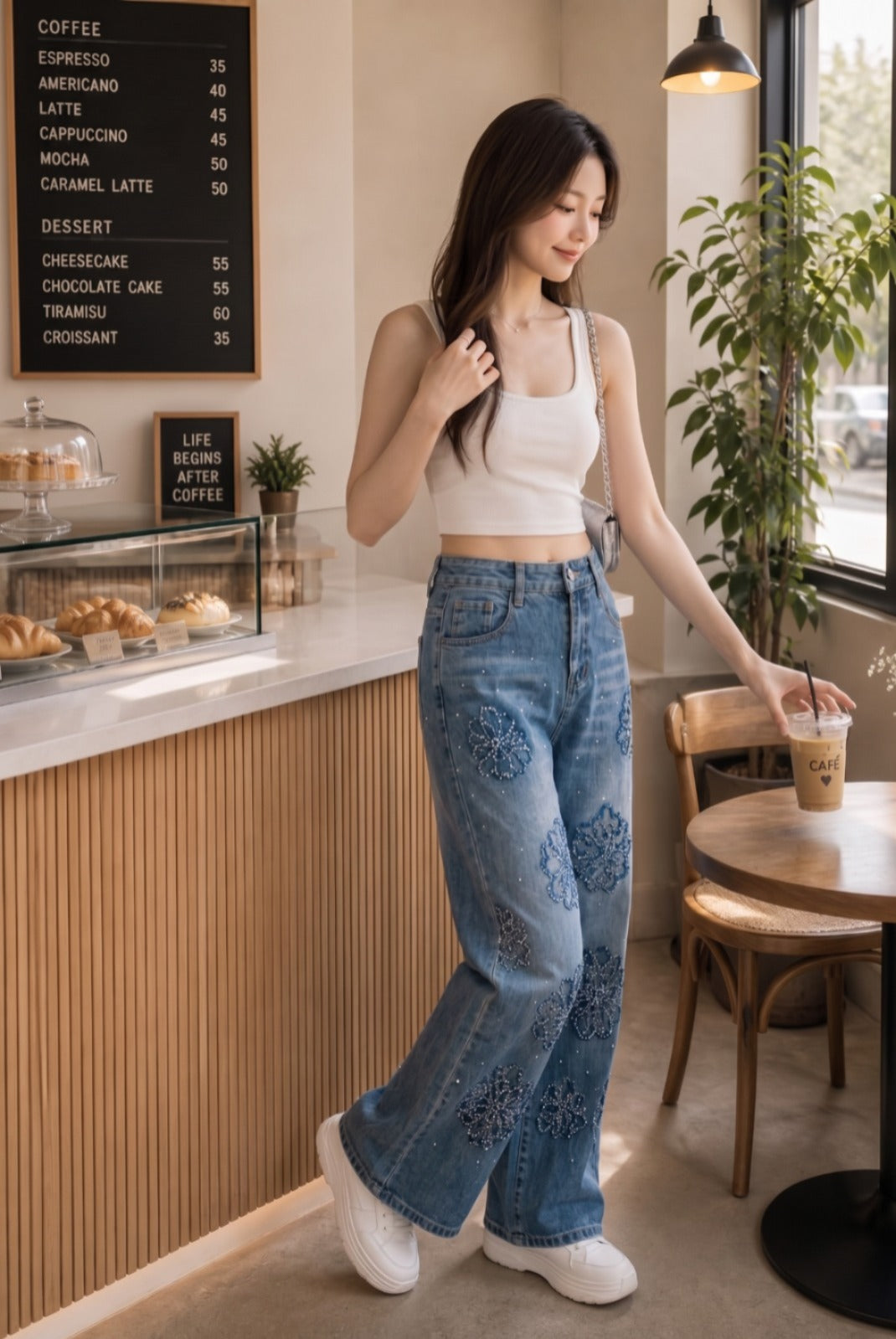 Floral Lattice High-Rise Wide Leg Jeans
