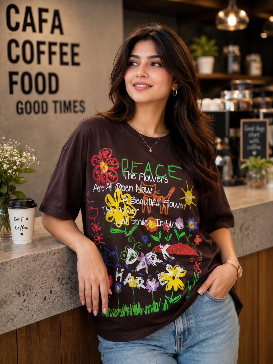 Peace And Flowers Over Sized Graphic T- shirt