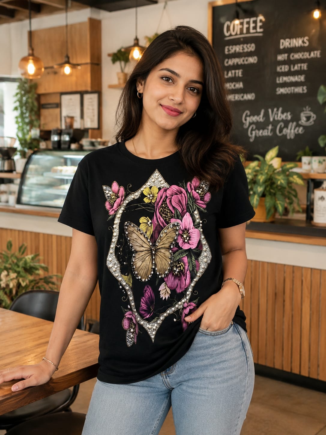 Pearl frame butterly print t shirt