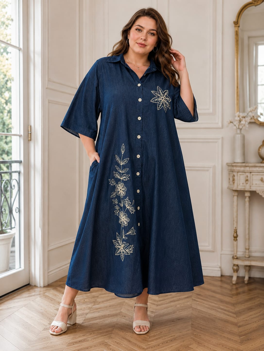 Floral Embroidered Denim Dress
