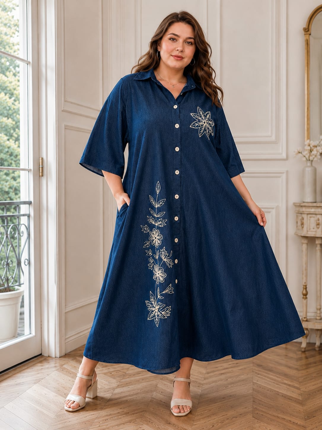Floral Embroidered Denim Dress