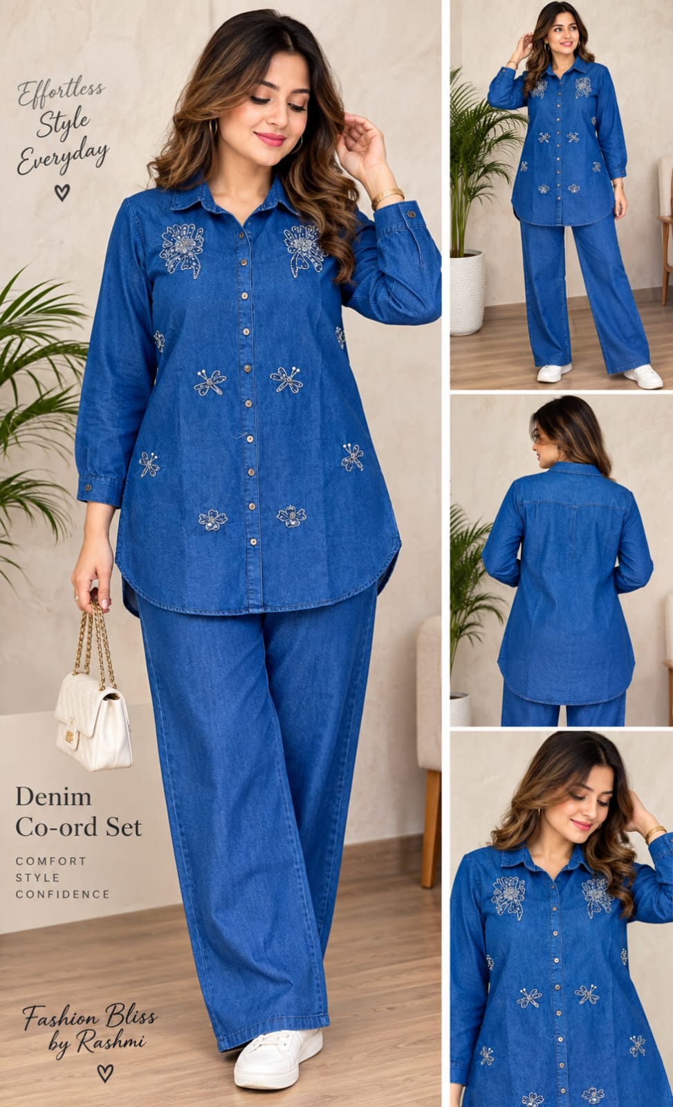 Elegant Embroidered Denim Co-Ord Set