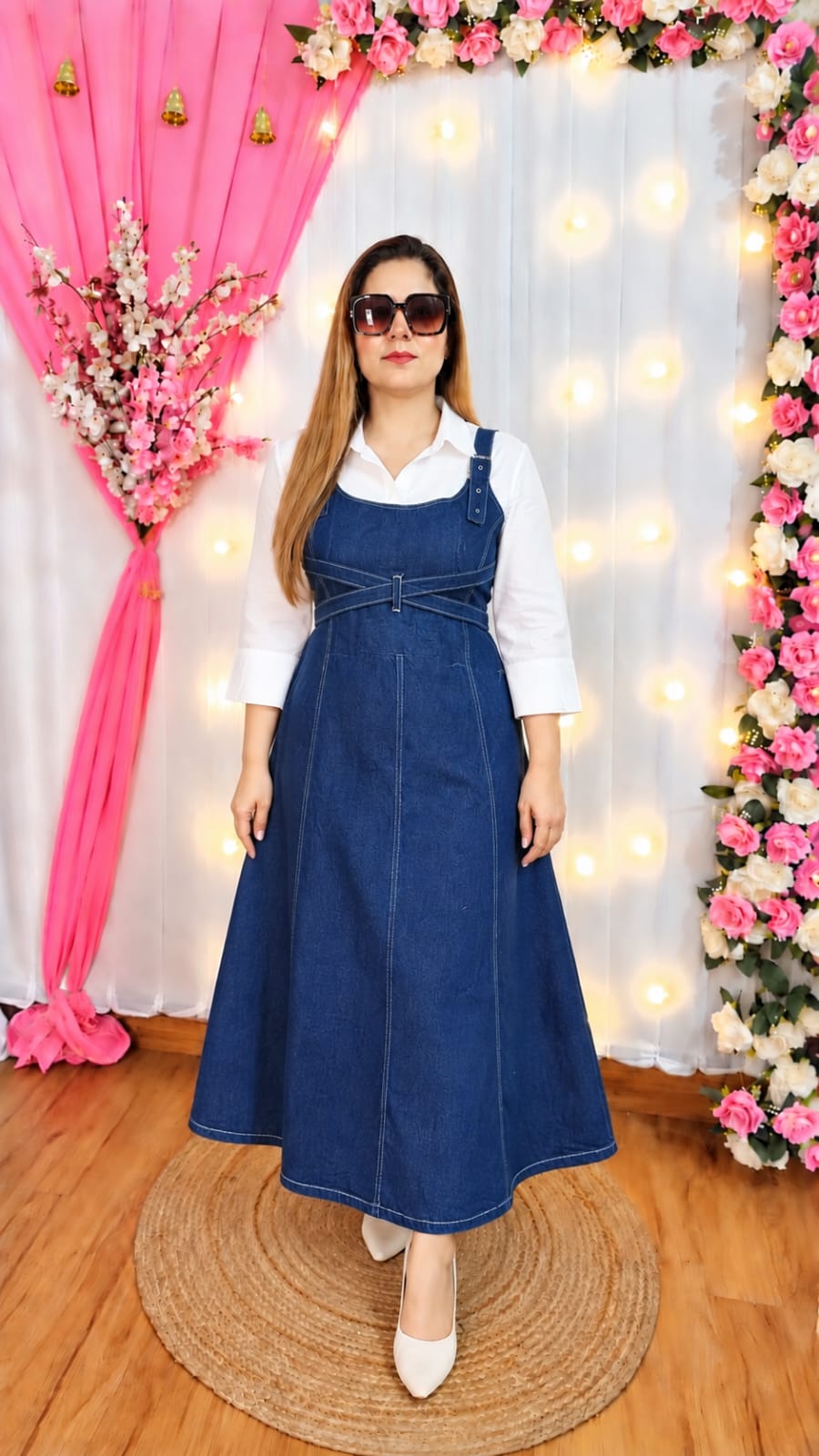 Premium Denim Pinafore Maxi Dress with White Shirt 💙✨