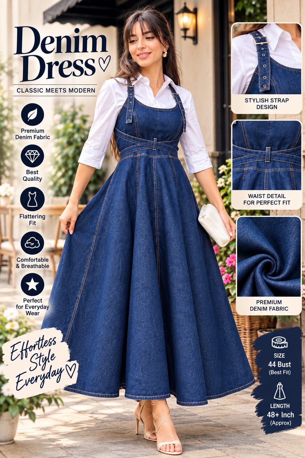 Premium Denim Pinafore Maxi Dress with White Shirt 💙✨