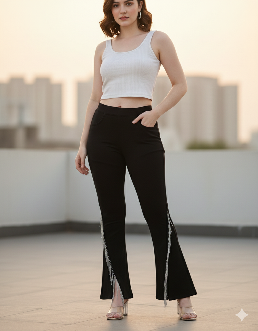 High-Waist flared Pants with Crystal Fringe Slit