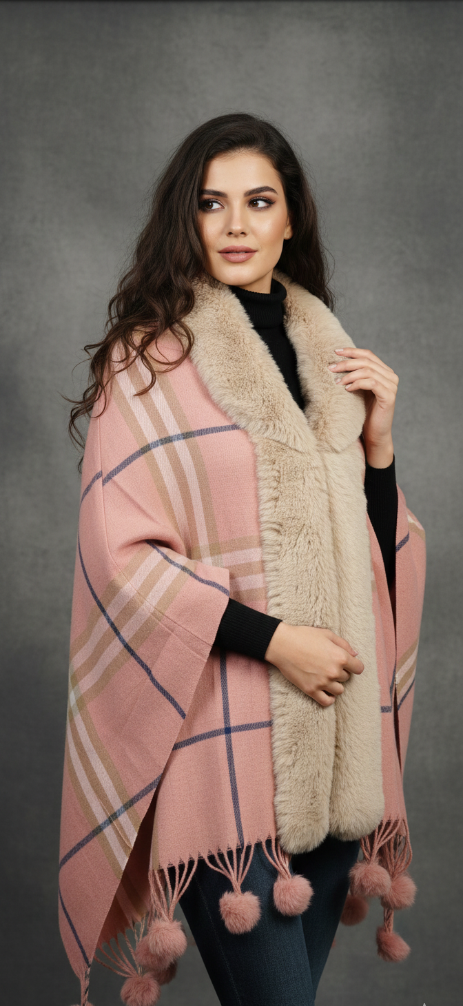 Premium Fur Collar Checkered poncho / cape
