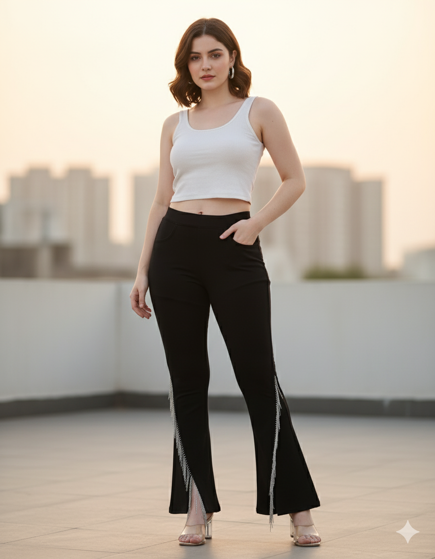 High-Waist flared Pants with Crystal Fringe Slit