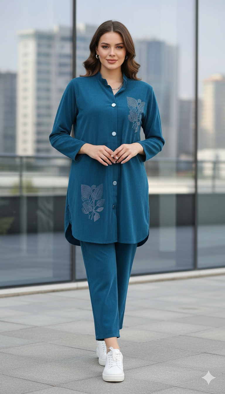 Chic Winter Rhinestone Button-Down Cordset