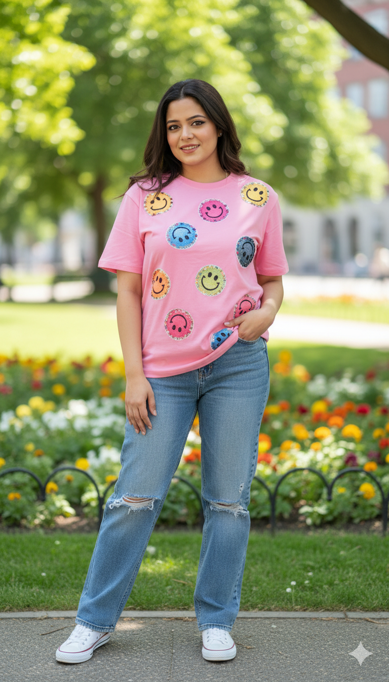 "Beaded Smiley Vibes Tees"