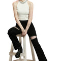 Crystal slit knee stone cut pant - Black