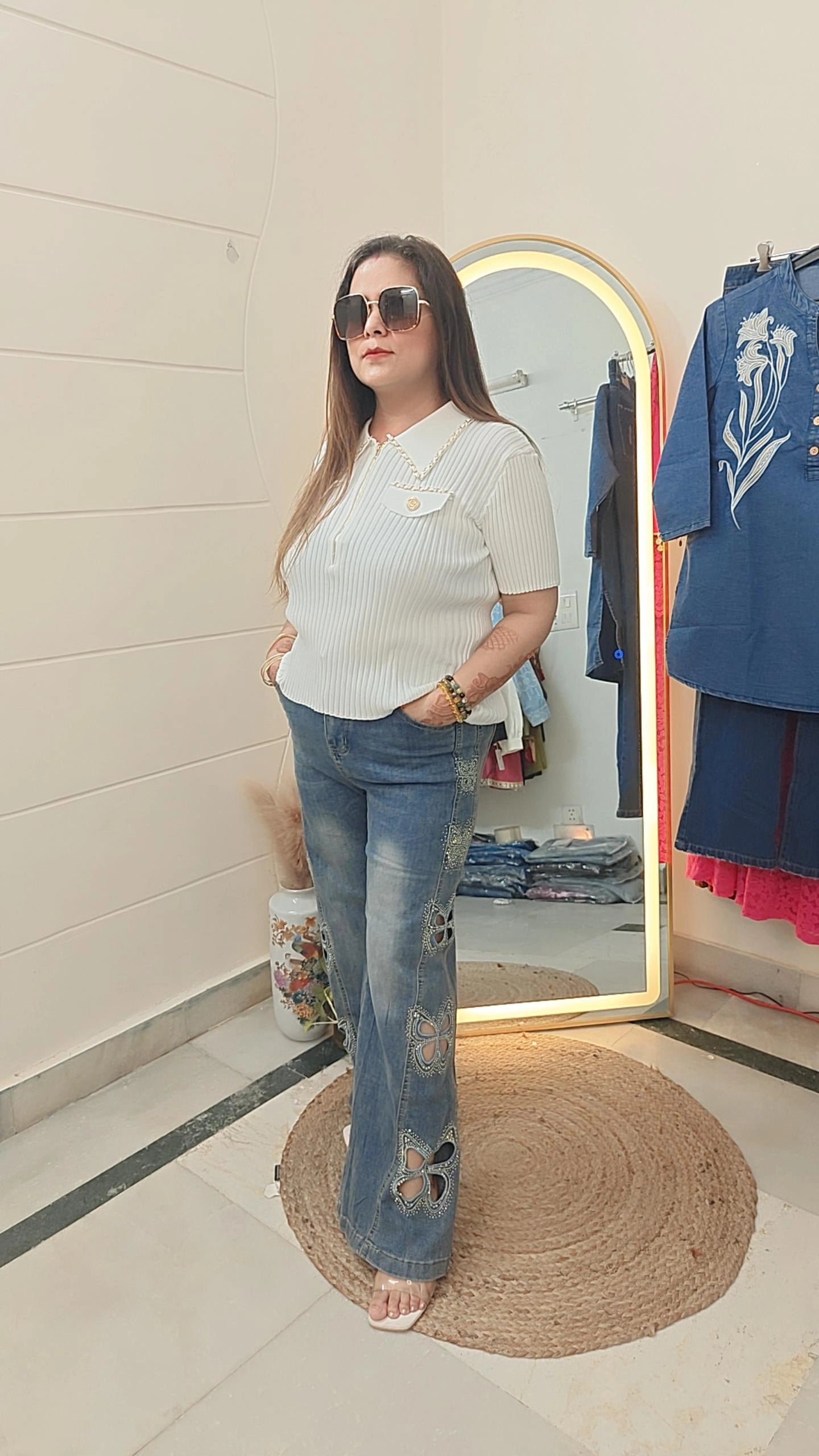 Chain Detail Ribbed Zip-Up Tops