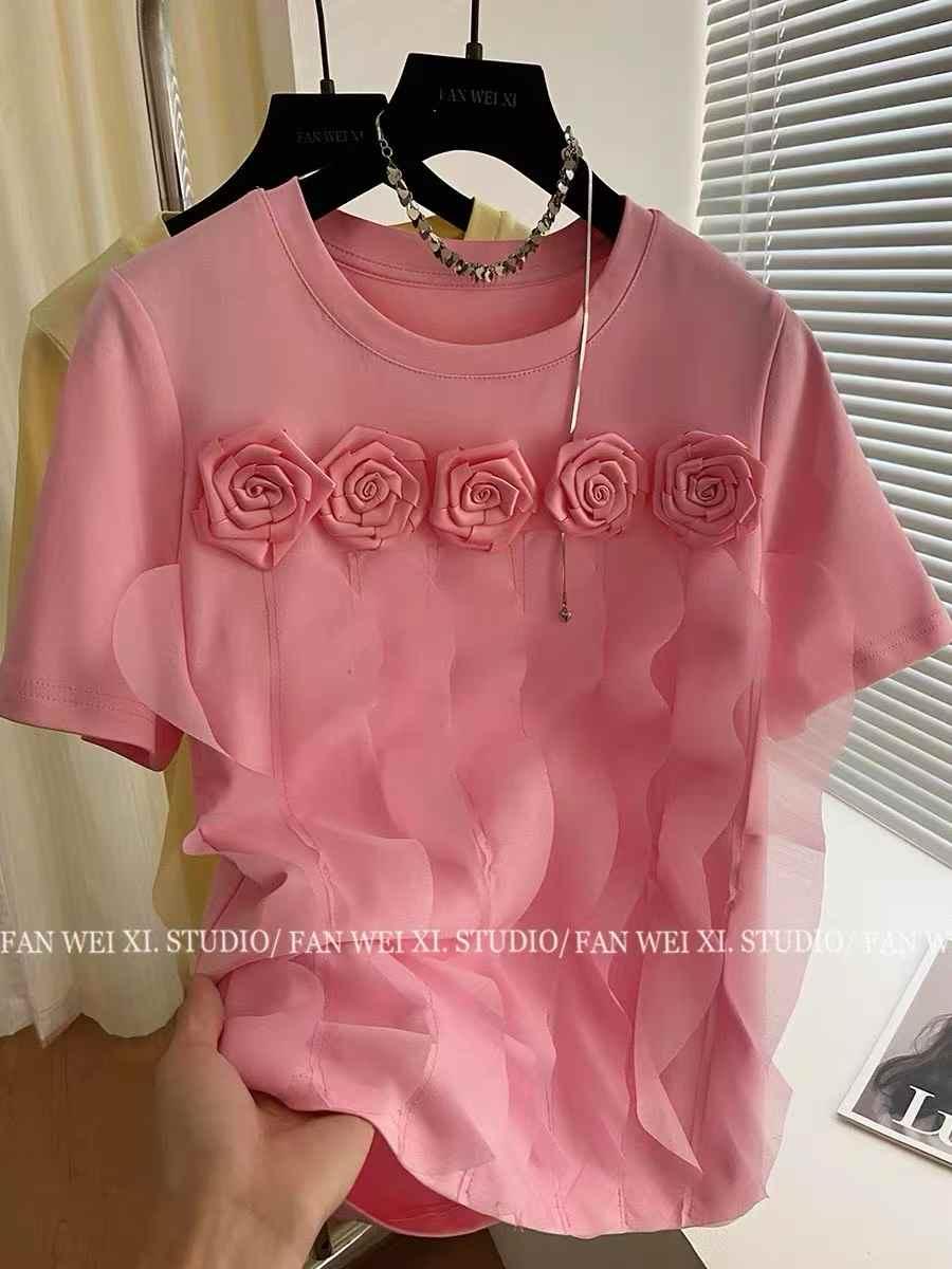 3D Rose Petal Embellished Pink Top – Elegant & Feminine Vibes