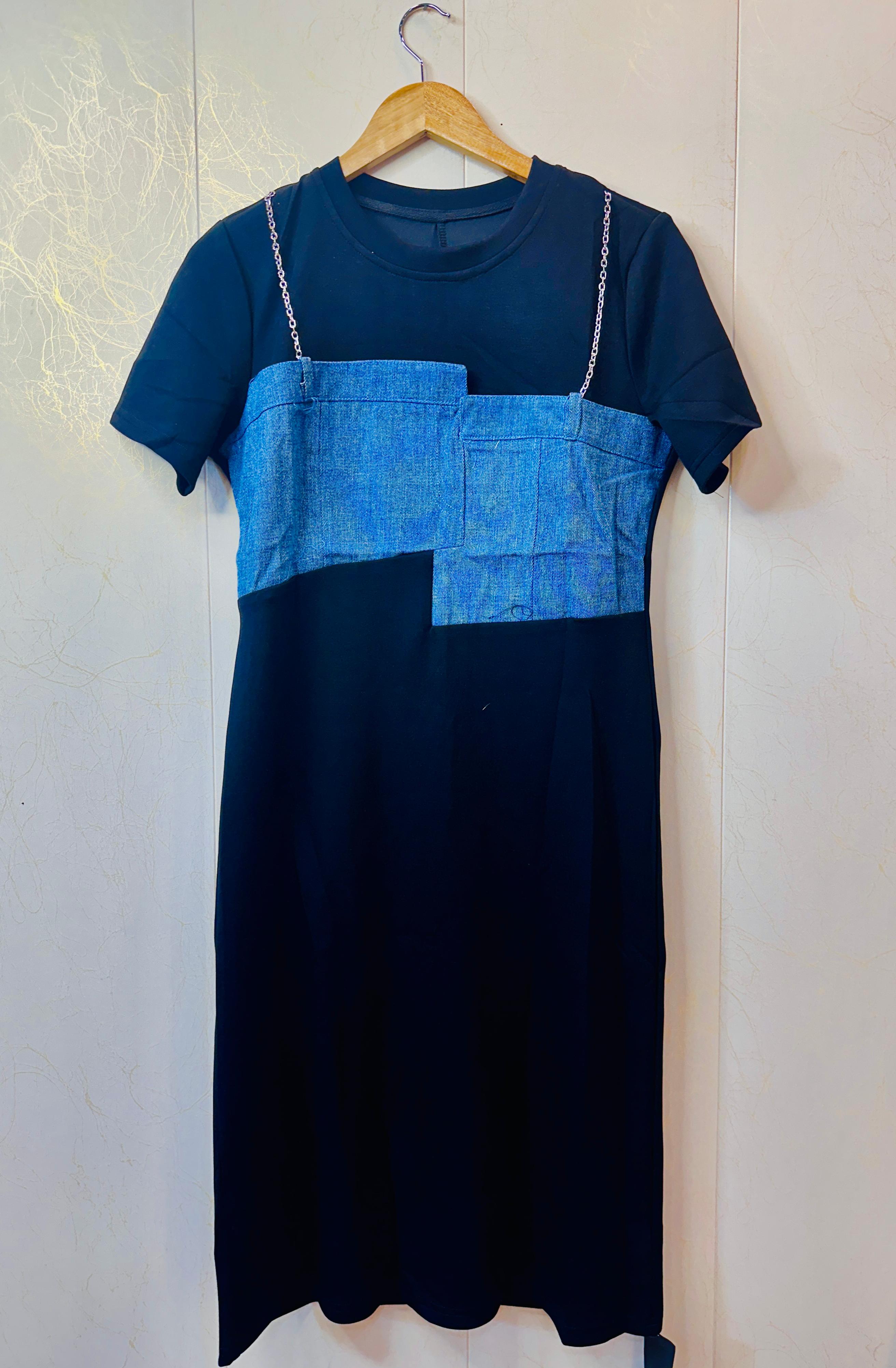 "Denim Fusion Black Midi Dress"