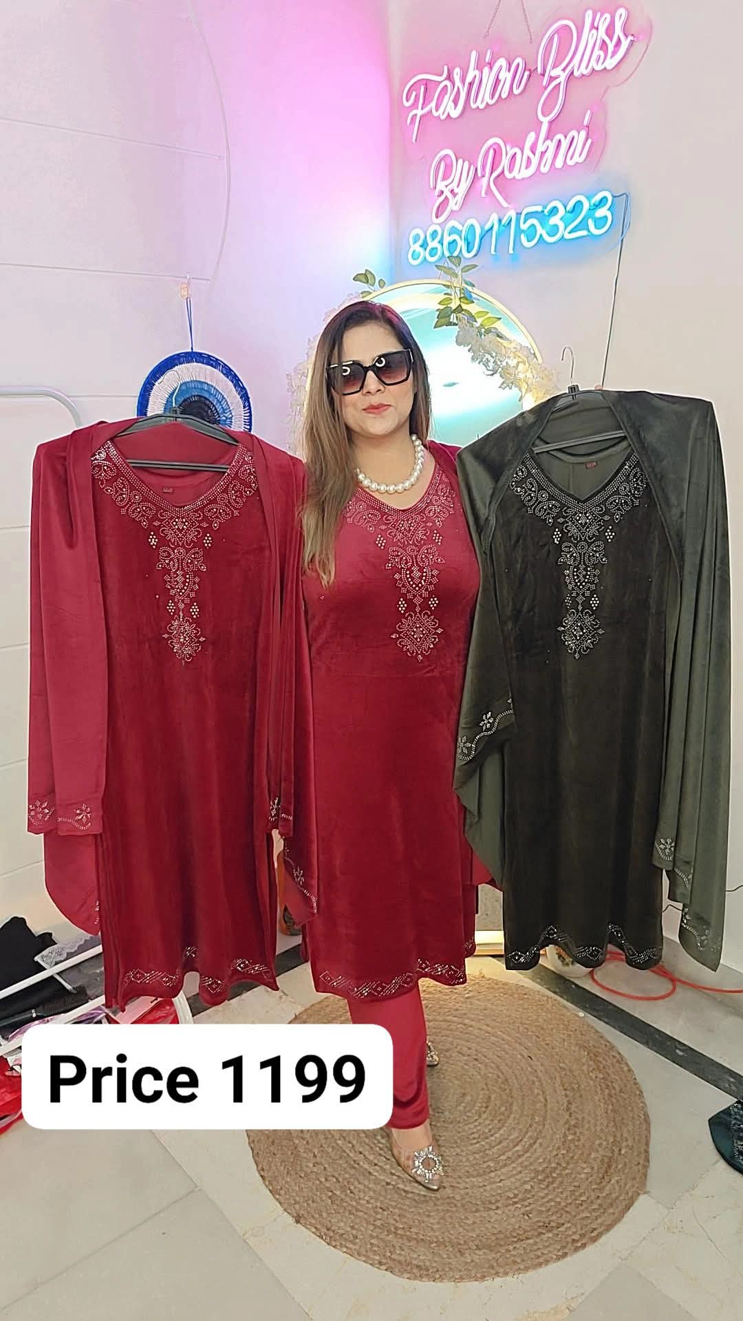 Velvet 3 pcs suit with stole seroski work