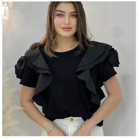 Designer top with ruffle sleeve