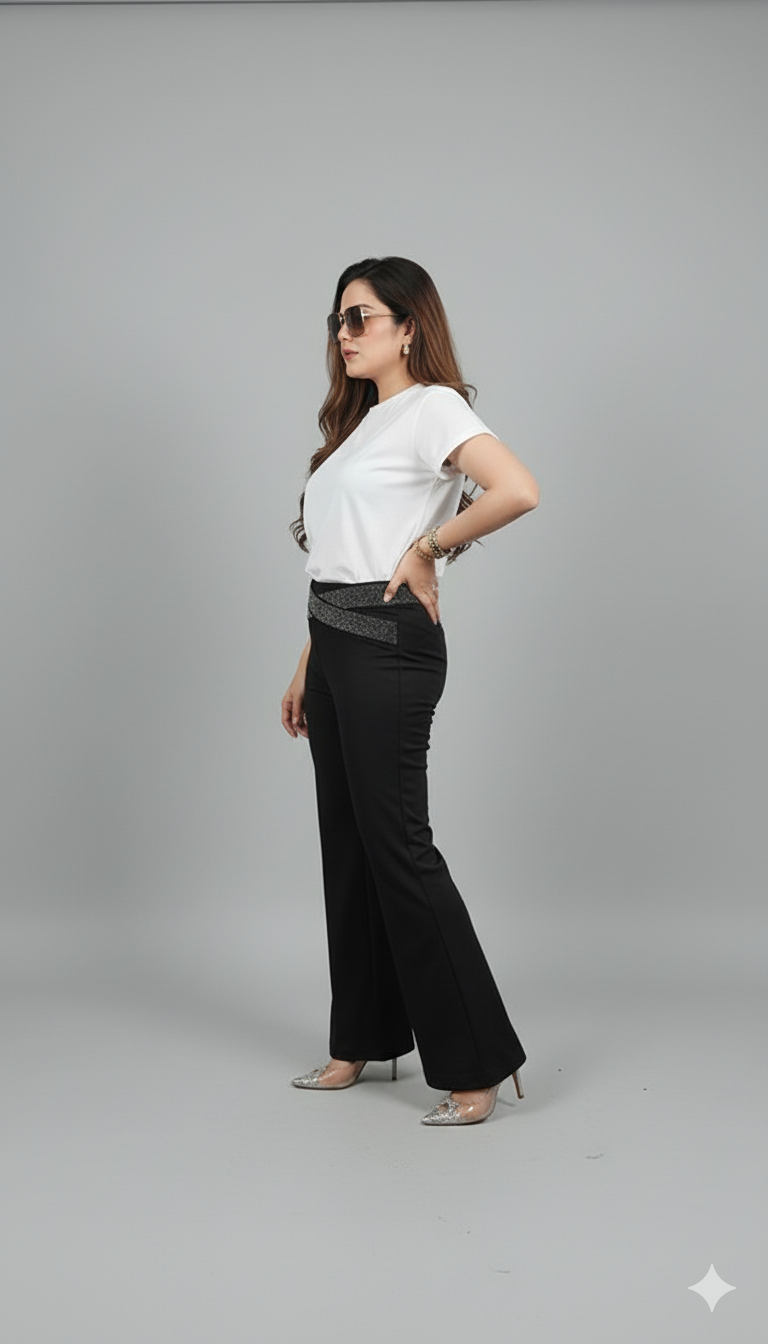 Black Elegance – Glitter Waist Flared Pants