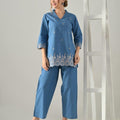 Blue Blossom Denim Co-ord Set – Elegant Embroidered Two-Piece