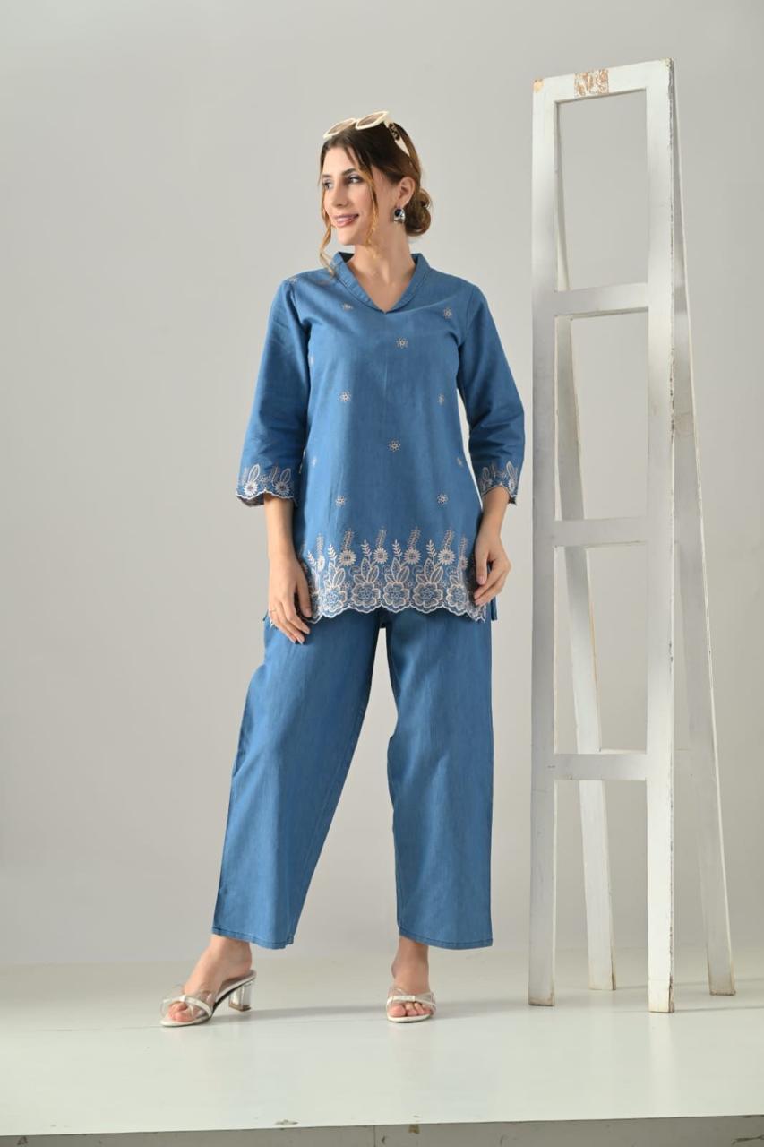 Blue Blossom Denim Co-ord Set – Elegant Embroidered Two-Piece