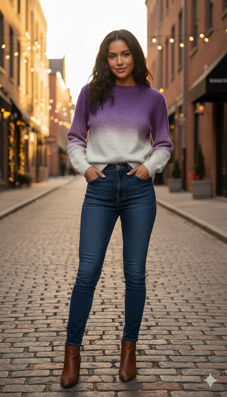 Ombre Winter Knit Crewneck Sweater with Jacquard Detail