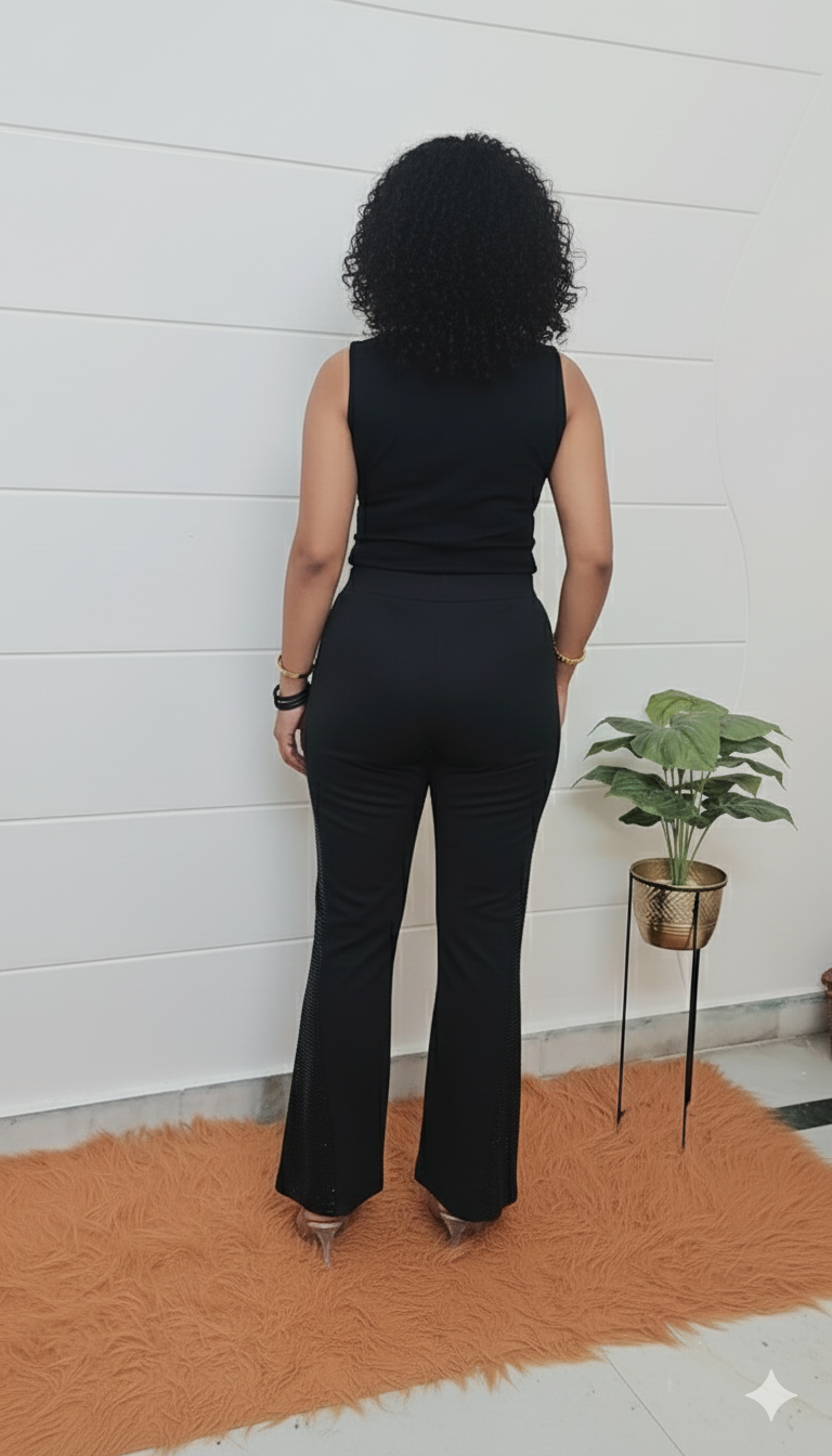 Black Glam Flared front cut Pants with Side Shimmer Detail