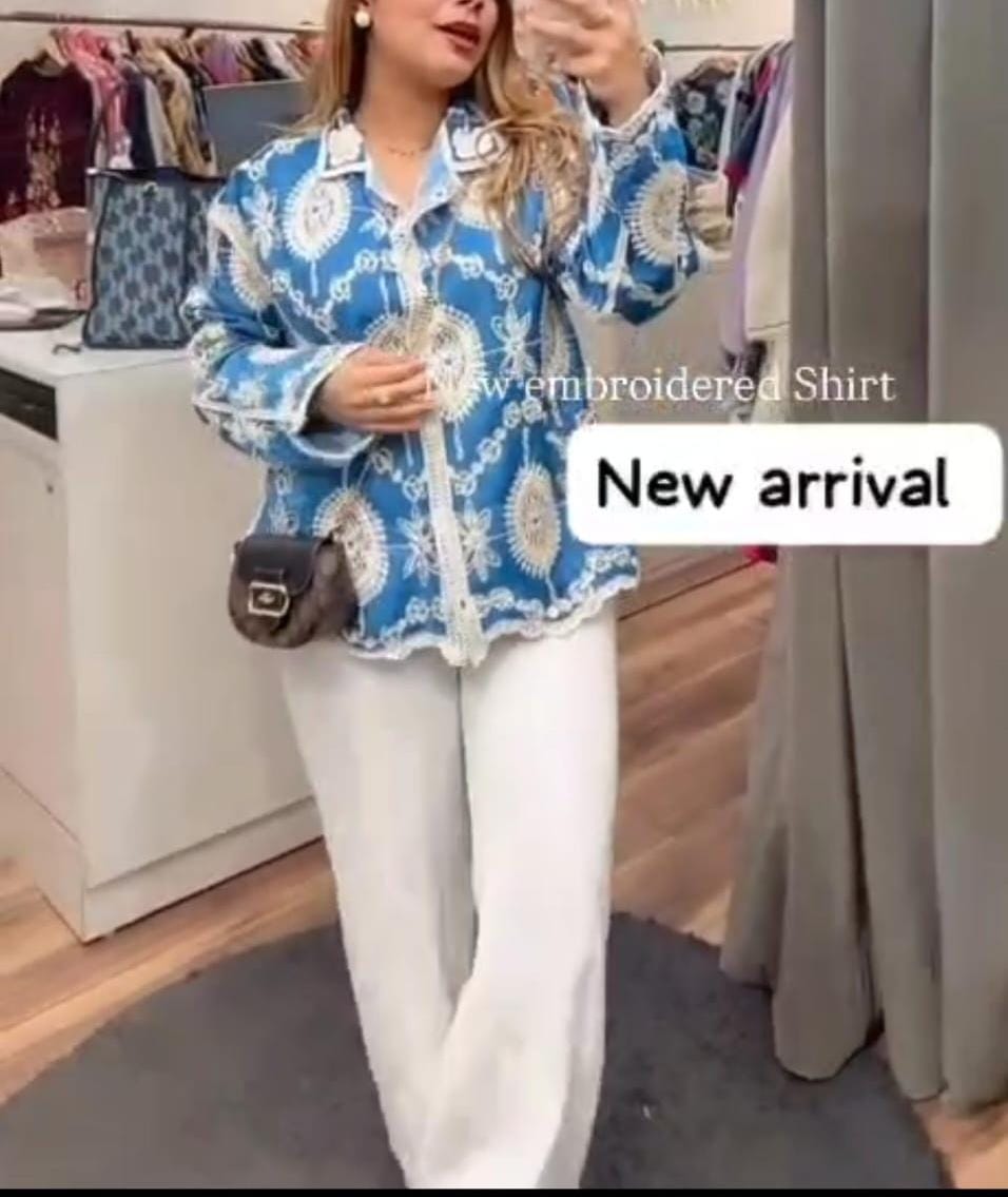 “Boho-Chic Embroidered Button-Down Shirts – Available in Blue, Mint & Blush”