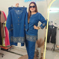 Classy in blue statement denim embroidery cordset