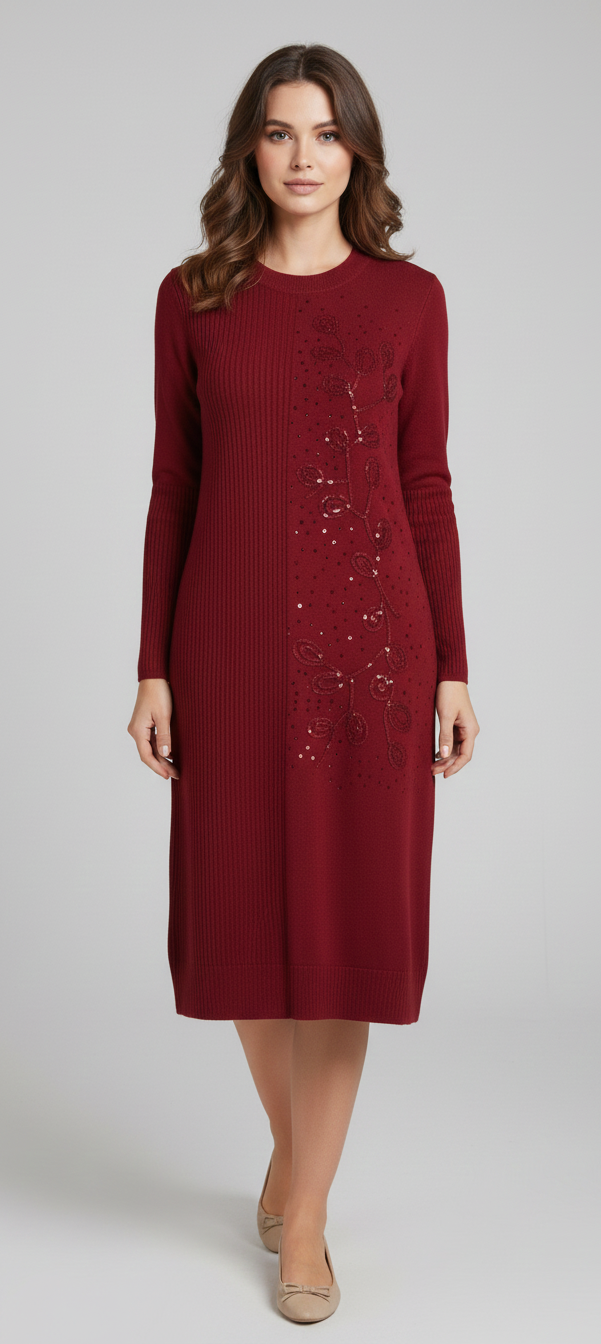 Ribbed Winter Knit Sequin Embellished Midi Dress