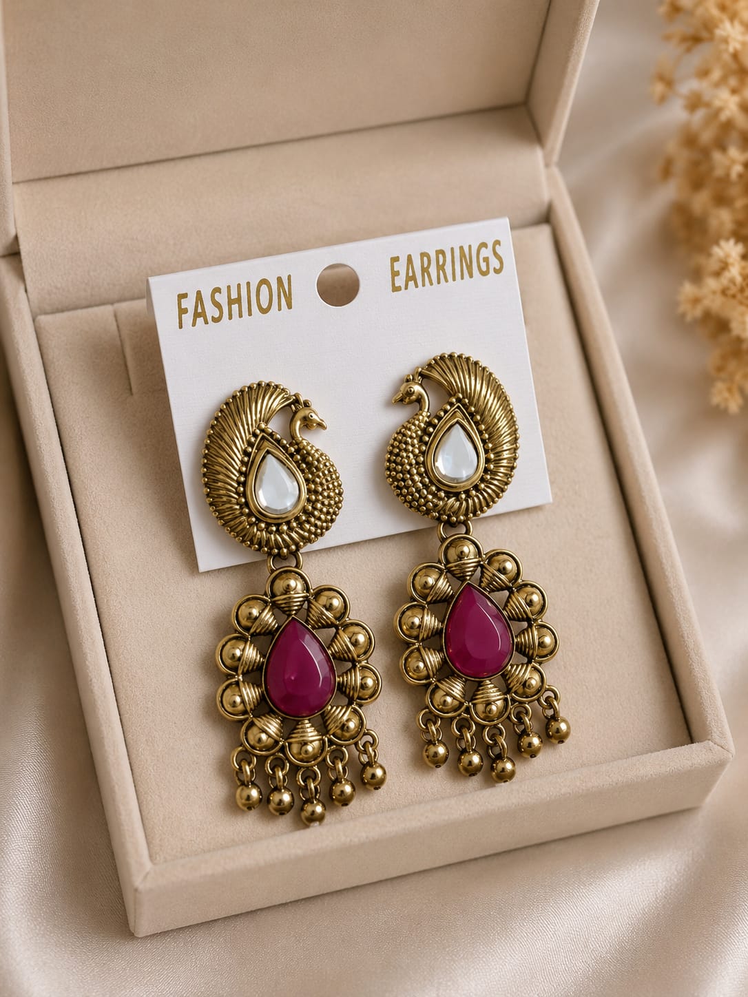 Antique Gold Peacock Drop Earrings with Stone